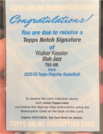 2025/26 Topps Notch Signature #TNS-WK Walker Kessler — front