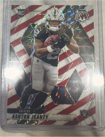 2025 Panini Mosaic #345 Ashton Jeanty RC Red & White Stripe Prizm Raiders Rookie — front