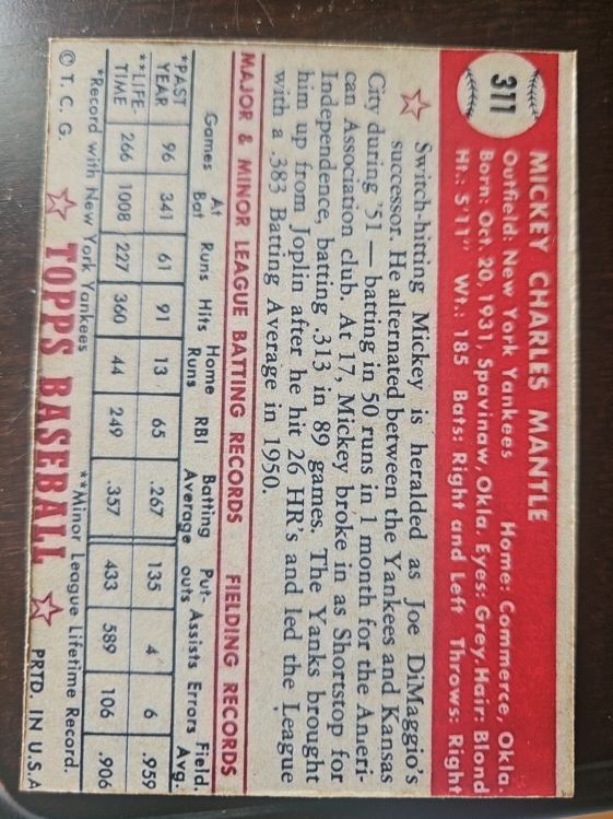 1952 Topps #311 Mickey Mantle — front