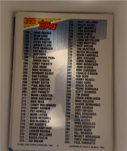1993 Topps #395 Baseball Checklist — front