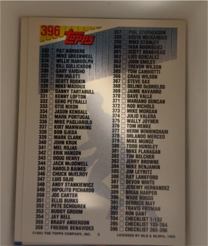1993 Topps #396 Checklist 3: 265-396 Baseball card — front