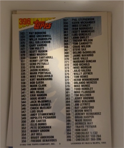 1993 Topps #396 Checklist 3: 265-396 Baseball card — front