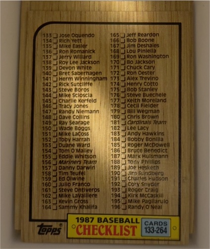 1987 Topps #133-264 Baseball Checklist — front