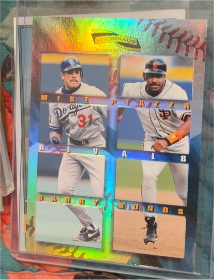 1996 Pinnacle Aficionado Rivals Mike Piazza Barry Bonds — front