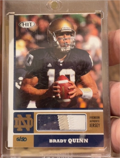 2007 Sage Hit Brady Quinn 3-Color Jersey Patch /50 — front