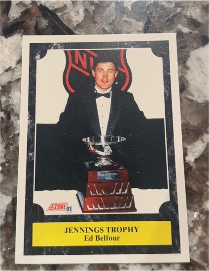 1991-92 Score #323 Ed Belfour Jennings Trophy Chicago Blackhawks — front