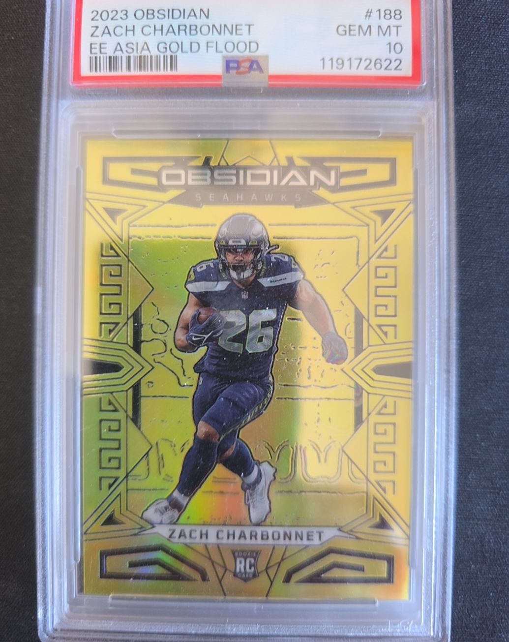 2023 Panini Obsidian #188 Zach Charbonnet EE Asia Gold Flood — front