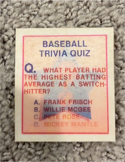 1986 Sportflics #49 Baseball Trivia Quiz — front