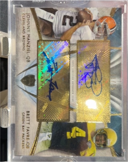 2013 Panini Dominion Dual Patch Autograph #DPA-JM-BF Johnny Manziel & Brett Favre — front