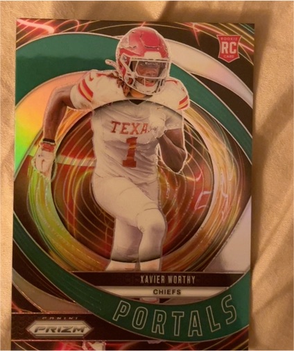2024 Panini Prizm #10 Xavier Worthy Portals Green Prizm Rookie Card — front