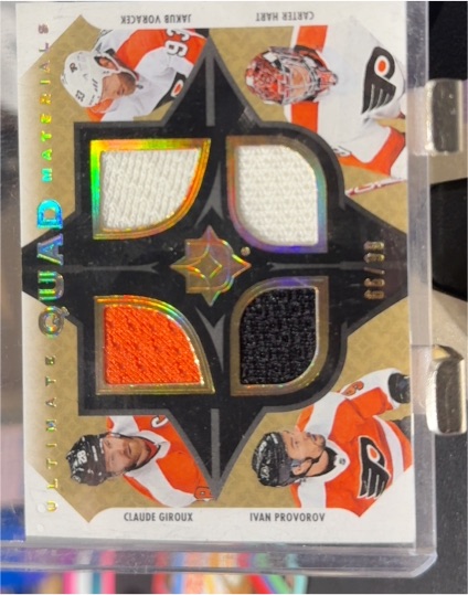 2019-20 Upper Deck Ultimate Quad Materials #UQM-CP Carter Hart Jakub Voracek Claude Giroux Ivan Provorov — front