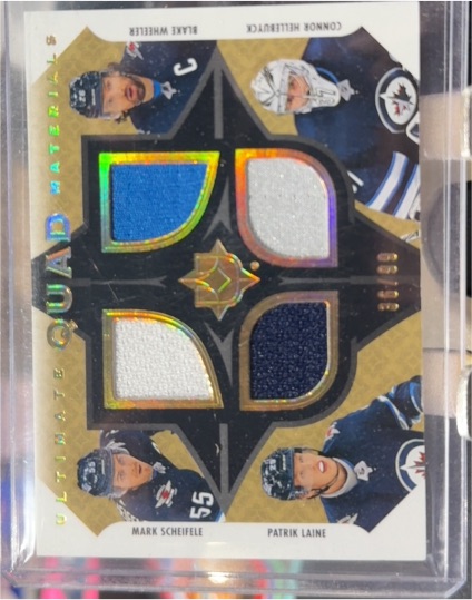 2019-20 Upper Deck Ultimate Quad Materials #UQM-BWPL Connor Hellebuyck Blake Wheeler Mark Scheifele Patrik Laine — front