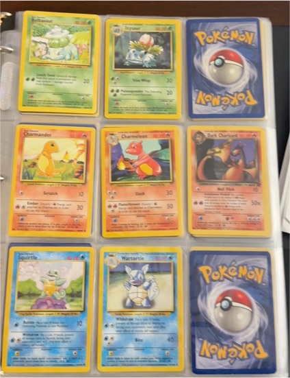 1999 Pokémon Base Set #1 Bulbasaur, #2 Ivysaur, #4 Charmander, #5 Charmeleon, #6 Dark Charizard, #7 Squirtle, #8 Wartortle — front