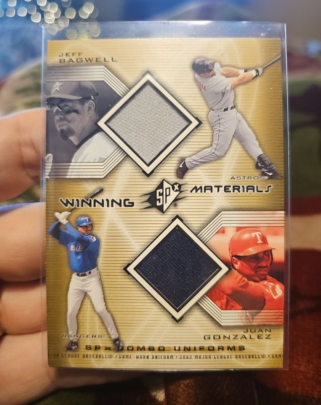 2002 Upper Deck SPx Winning Materials Combo Jerseys #WM-BG Jeff Bagwell Juan Gonzalez — front