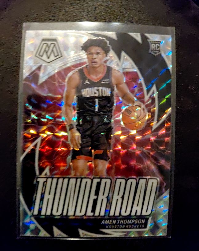 2023-24 Panini Mosaic #12 Amen Thompson Thunder Road Silver Mosaic Prizm Rookie — front