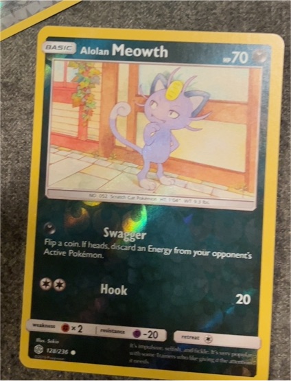 2019 Pokémon TCG Sun & Moon Cosmic Eclipse #128 Alolan Meowth — front