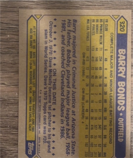 1987 Topps #320 Barry Bonds — front