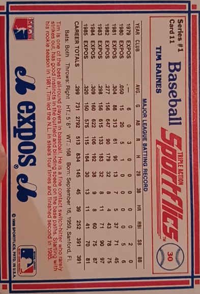 1986 Sportflics #11 Tim Raines — front