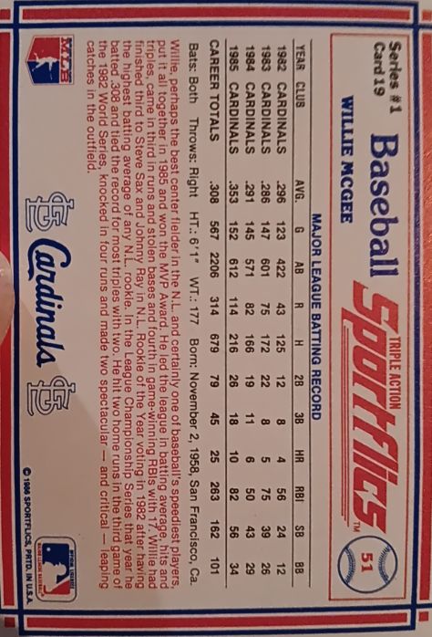 1986 Sportflics #19 Willie McGee — front