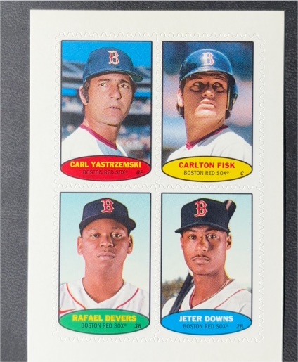 2023 Topps Heritage 1974 Postage Stamp #74BS-73/74/75/76 Carl Yastrzemski Carlton Fisk Rafael Devers Jeter Downs — front