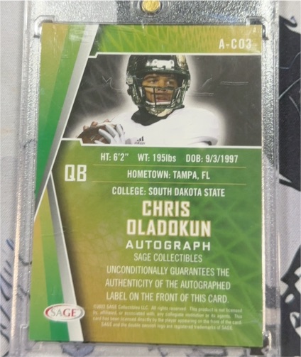 2022 SAGE High Series Auto #A-C03 Chris Oladokun — front
