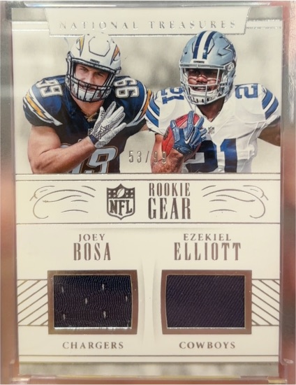 2016 Panini National Treasures #53 Joey Bosa/Ezekiel Elliott Rookie Gear — front