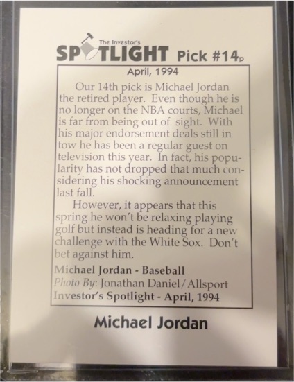 Investor's Spotlight April 1994 Pick #14p Michael Jordan — front