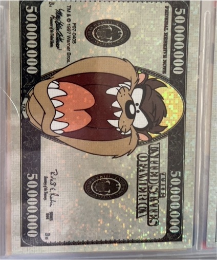 1997 Warner Bros Looney Tunes Tasmanian Devil $50,000,000 Bill Sticker — front