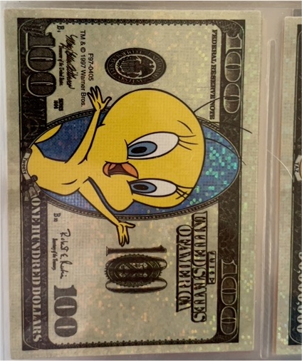 1998 Warner Bros Looney Tunes Tweety Bird $100 Vending Machine Sticker — front