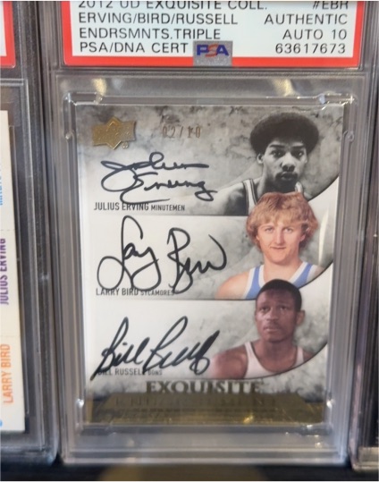 2012 Upper Deck Exquisite Collection #EBR Julius Erving/Larry Bird/Bill Russell Triple Auto — front