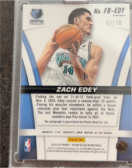 2024-25 Panini Prizm Black Basketball #FB-EDY Zach Edey — front