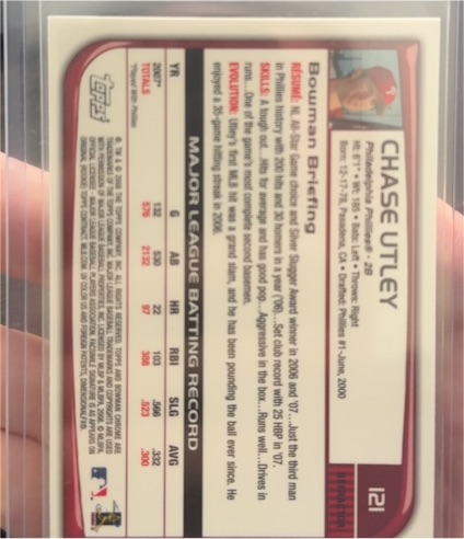 2001 Bowman #121 Chase Utley — front