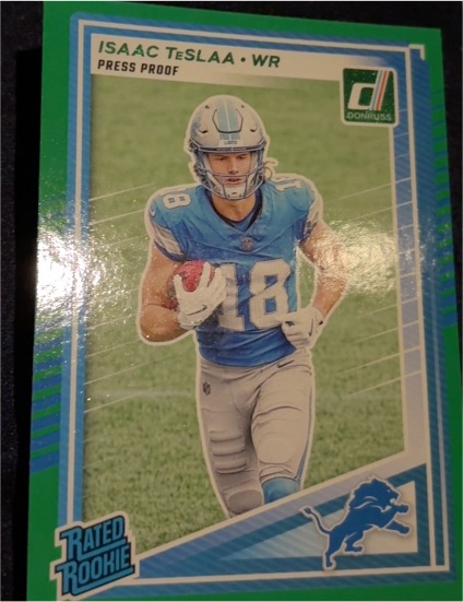 2025 Panini Donruss #338 Isaac Teslaa Rated Rookie Press Proof Green — front