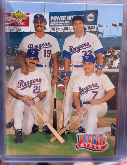 1993 Upper Deck #52 Latin Stars Juan Gonzalez Jose Canseco Rafael Palmeiro Ivan Rodriguez — front