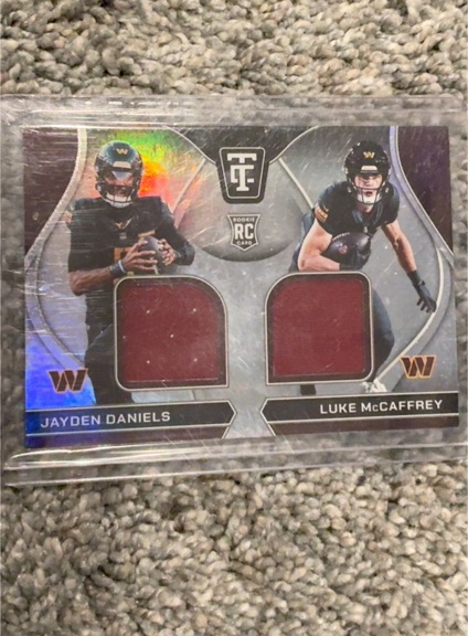 2024 Panini Totally Certified #RDS-WAS Jayden Daniels Luke McCaffrey Dual Patch Rookie Card — front
