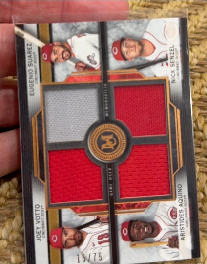2020 Topps Museum Collection Quad Relic #FPR-VQSA Joey Votto Eugenio Suarez Nick Senzel Aristides Aquino — front