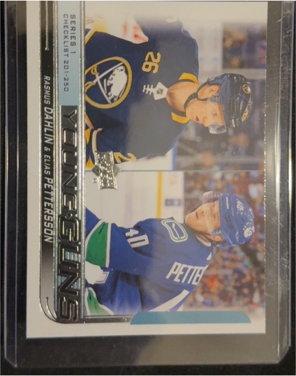 2018-19 Upper Deck #250 Young Guns Checklist Rasmus Dahlin & Elias Pettersson — front