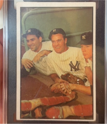 1953 Bowman Color #44 Mickey Mantle / Yogi Berra / Hank Bauer — front