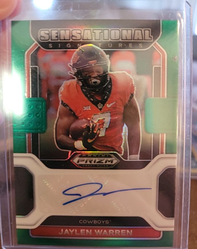 2023 Panini Prizm Draft Picks Sensational Signatures Green Prizm #SS-JWA Jaylen Warren — front