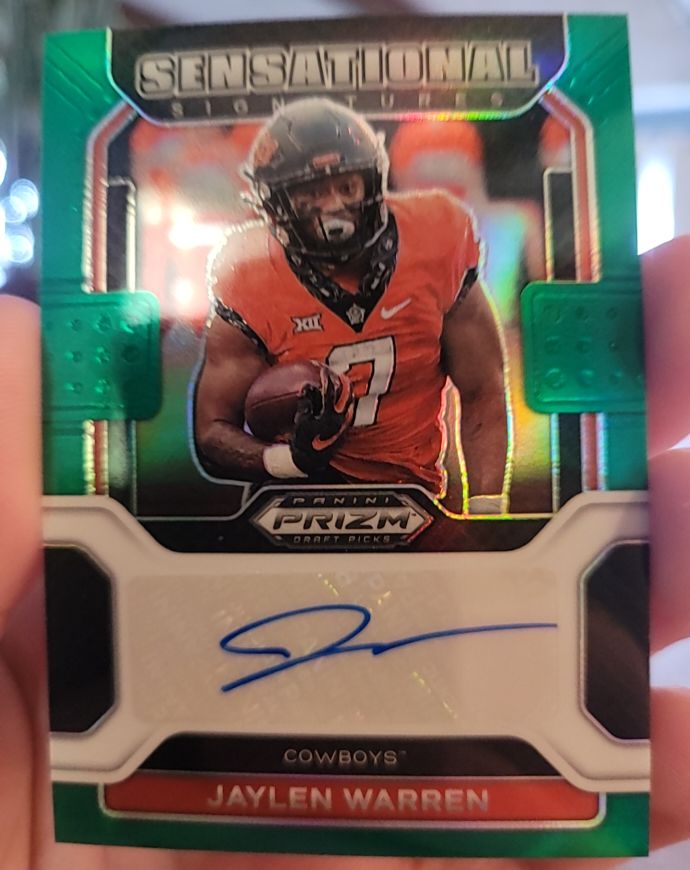 2022 Panini Prizm Draft Picks Sensational Signatures Green #SS-JWA Jaylen Warren — front
