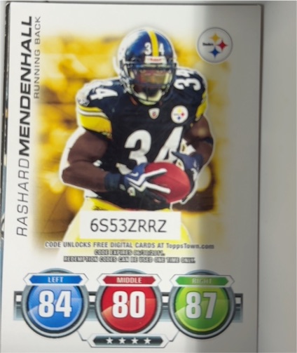 2010 Topps Attax Code Cards #NNO Rashard Mendenhall — front