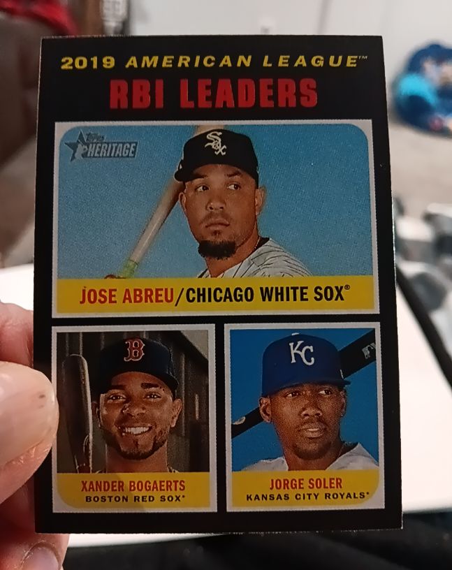 2020 Topps Heritage #63 2019 AL RBI Leaders Jose Abreu / Xander Bogaerts / Jorge Soler — front
