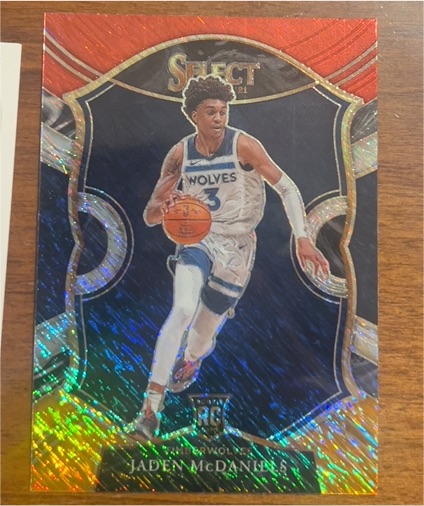 2020-21 Panini Select #88 Jaden McDaniels Rookie Concourse Red White Orange Shimmer Prizm — front