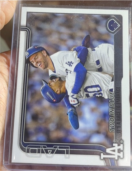 2025 Topps #631 Two in Blue: It’s a Race to Embrace Freddie Freeman & Mookie Betts — front
