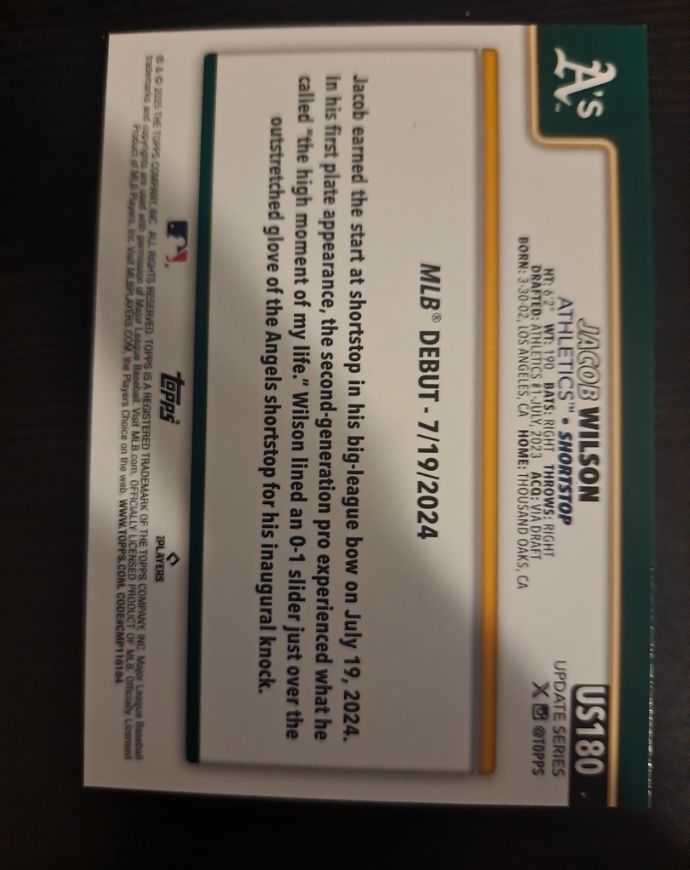 2024 Topps Update #US180 Jacob Wilson — front
