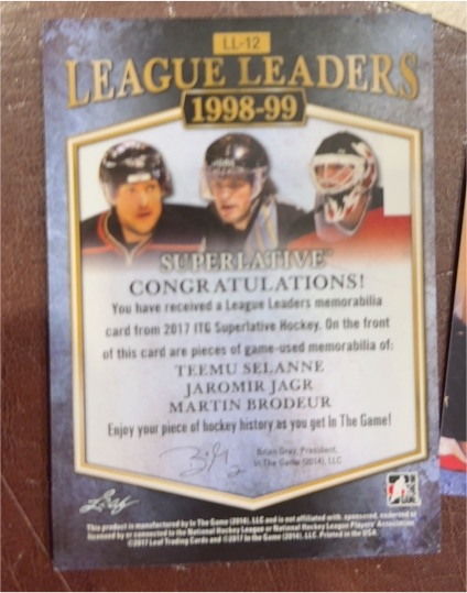 2017 ITG Superlative Hockey League Leaders LL-12 Teemu Selanne Jaromir Jagr Martin Brodeur — front