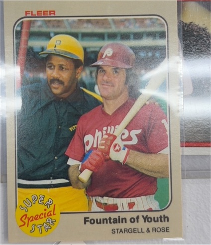 1983 Fleer #634 Fountain of Youth Willie Stargell & Pete Rose — front
