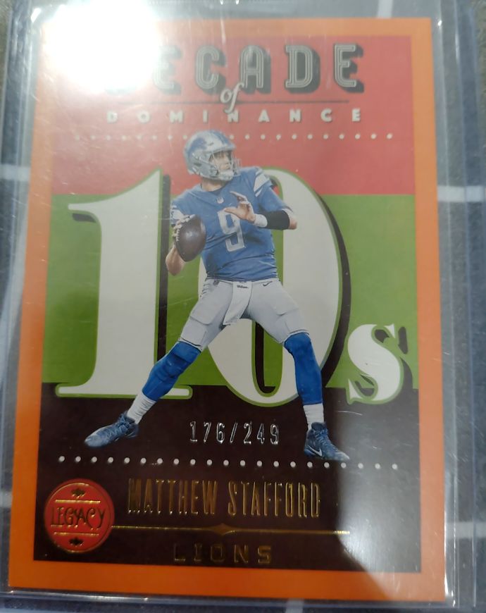 2023 Panini Legacy #DOD-14 Matthew Stafford Decade of Dominance Orange #/249 — front