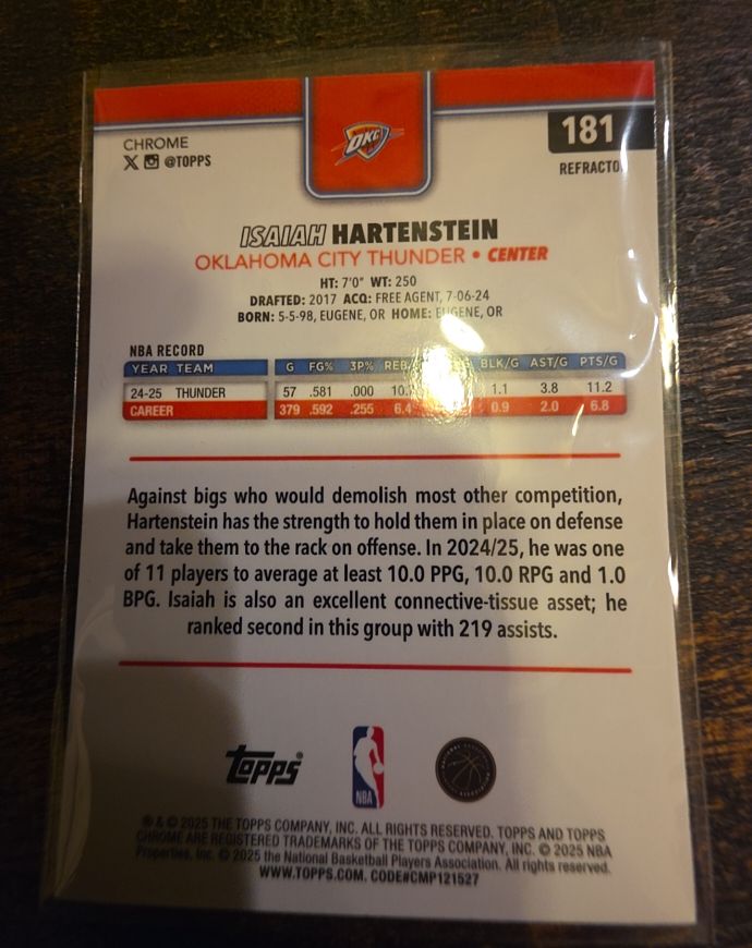 2025-26 Topps Chrome #181 Isaiah Hartenstein — front