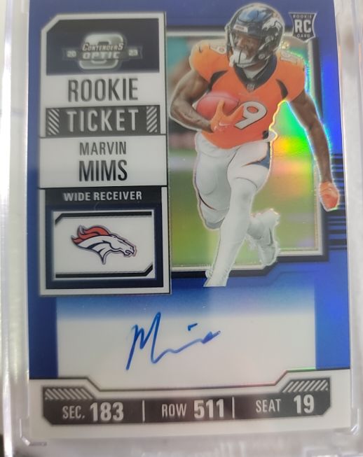2023 Panini Contenders Optic #124 Marvin Mims Rookie Ticket Blue Prizm — front